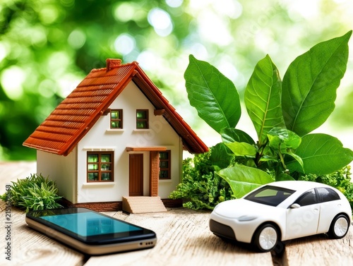 Sustainable Future: Eco-Friendly Home, Electric Car, and Smart Technology Concept