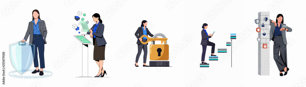 Fototapeta premium Professional flat vector illustration set of a businesswoman managing cybersecurity, data analysis, career progression, and secure access in a modern workplace.