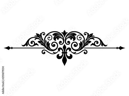Elegant black floral filigree decorative divider isolated on a white background for vintage design projects