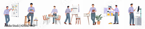 Set of flat vector illustrations featuring a professional businessman in various office settings, presenting, planning, and working with digital tools.