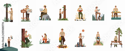 Collection of park ranger illustrations showing various activities like mapping, monitoring wildlife, forest management, and patrolling in national parks.