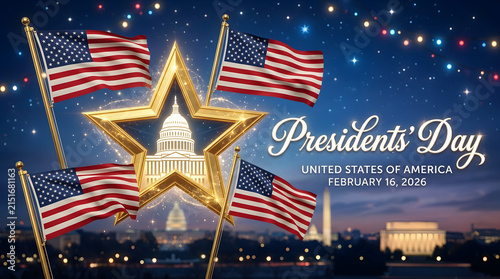 Presidents day patriotic celebration with illuminated stars and national flags over capitol cityscape with glowing Capitol building set against twilight cityscape backdrop