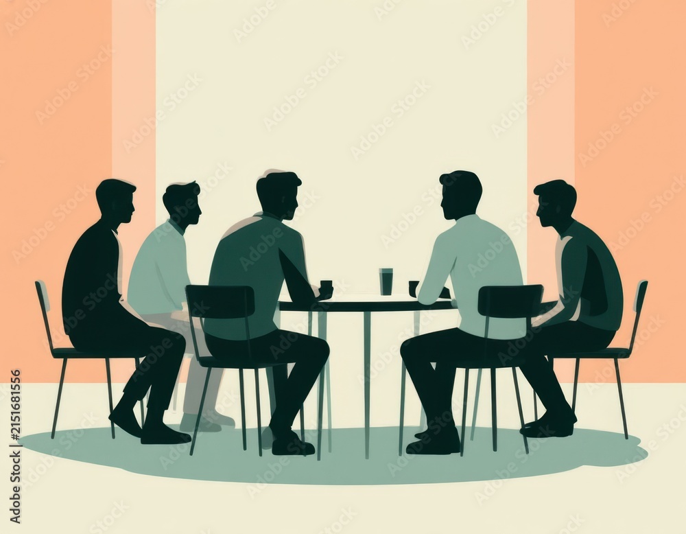 Fototapeta premium Group of five men seated around a round table engaged in conversation, with minimalist background featuring soft colors and geometric shapes
