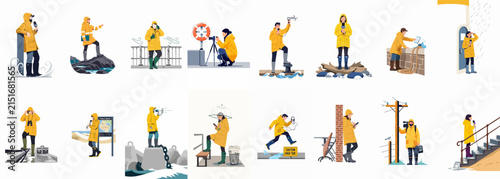 Bild auf Leinwand Set of illustrations depicting people in yellow raincoats engaged in various outdoor activities near water, in the rain, and at work