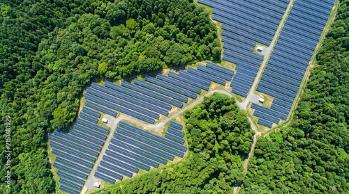 Aerial Solar Farm Embedded in Dense Green Forest