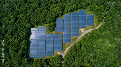 Aerial Solar Farm Embedded in Dense Green Forest