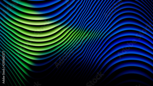Abstract blue and green wave lines pattern on a dark black background