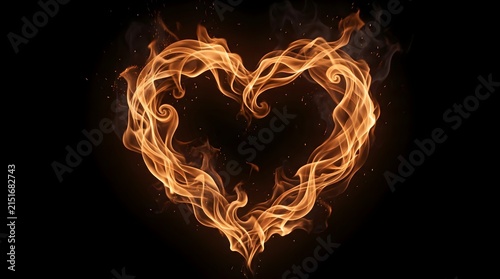 Fiery heart shape made of flames against a black background, symbolizing passion and intense love