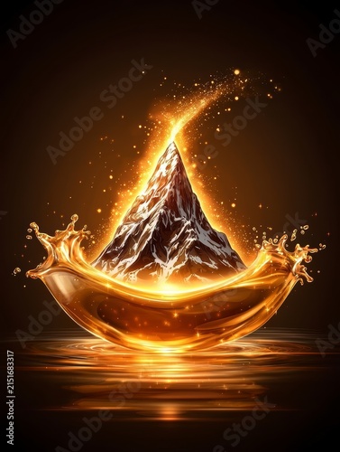 Golden Mountain Peak Emerging from Liquid Splash with Glowing Energy