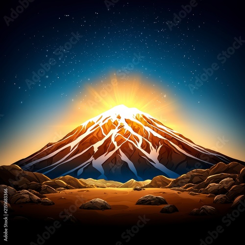 Starry Night Mountain Sunrise Illustration: Nature's Majesty