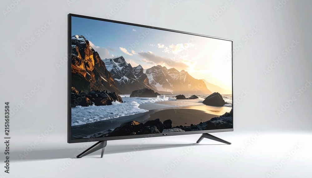 Fototapeta premium Modern Flat Screen TV Displaying a Scenic Mountain Landscape