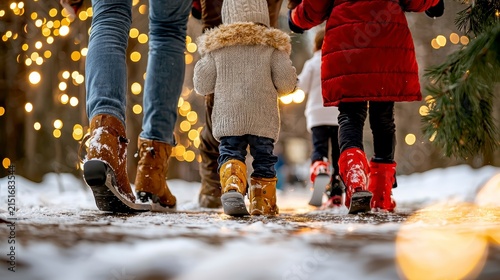 Family Winter Walk with Festive Lights and Snow-Covered Boots