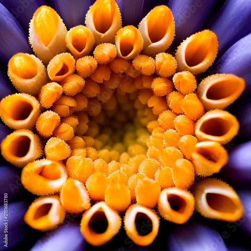 Vibrant Macro Flower Center Illustration with Purple Petals and Orange Stamen Detail