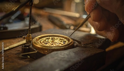 Watchmaker repairing intricate mechanical movement with tools.