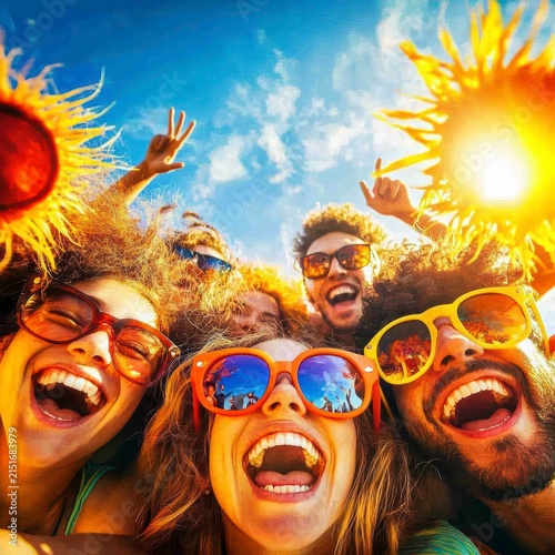 Vibrant Group Selfie of Joyful Diverse Friends Celebrating Summer