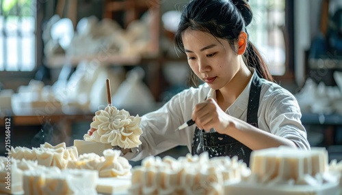Woman carving intricate white floral sculptures in art workshop.