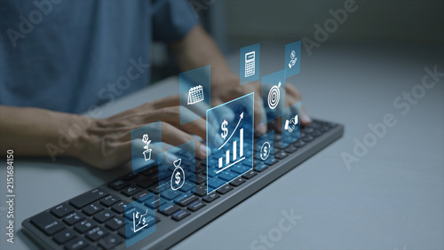 ROI strategy and marketing performance. Person typing keyboard with marketing analytics and financial performance icons, return on investment measurement, campaign optimization and business growth.