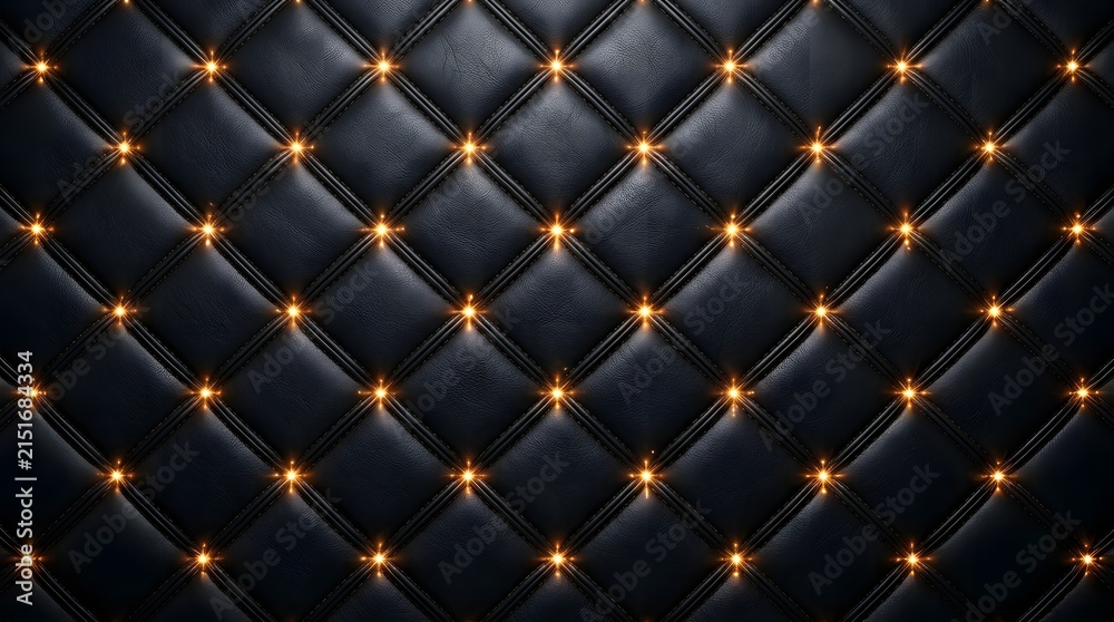 Naklejka premium Luxurious black leather upholstery background with glowing golden button tufted diamond pattern