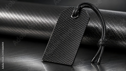 Modern carbon fiber texture hang tag with black cord for luxury automotive branding retail display.