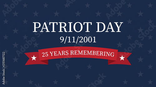 Patriot Day 25th anniversary banner with red ribbon on blue star background.
