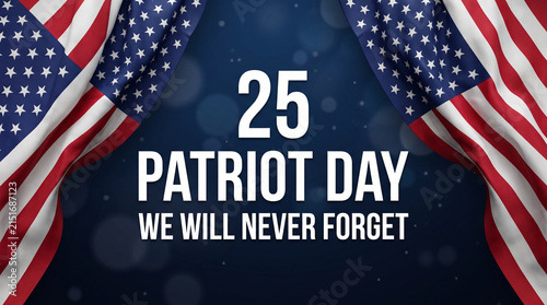 Patriot Day 25th anniversary banner with American flags on dark blue background.
