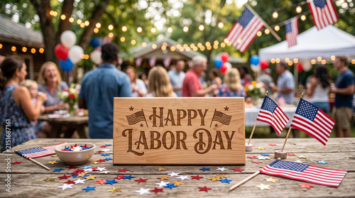 Outdoor Labor Day barbecue gathering with wooden sign and festive patriotic flags.