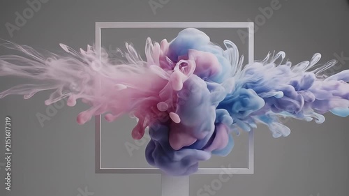 Pink and blue ink clouds with square white frame.
