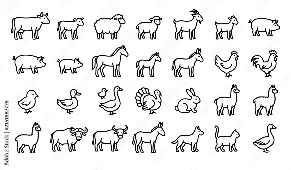 Fototapeta premium Cute Farm Animal Monoline Icons Vector Collection with Livestock Poultry and Editable Line Art