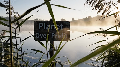 Planet Over Profit sign in misty wetland landscape.