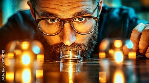 Intense Man in Glasses Concentrating on Whiskey Glass