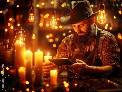 Bearded Craftsman Using Digital Tablet in Rustic Warm Workshop