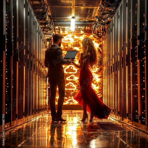 Professional Duo Navigating Glowing Cloud Data Center with Laptop