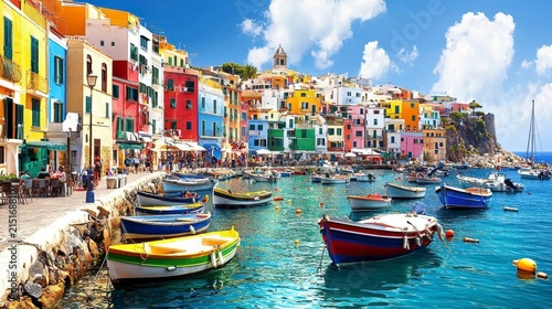 Vibrant Italian Coastal Town Illustration with Colorful Houses and Fishing Boats