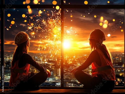 Visionary Engineers Observing City Sunset with Sparkling Innovation