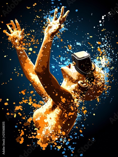 Abstract VR Immersion: Woman in Virtual Reality Headset with Exploding Particles