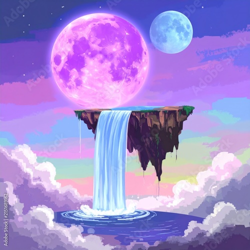 Fantasy landscape with waterfall and moons.