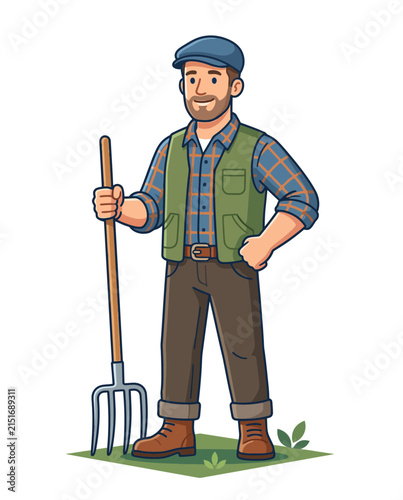 Happy Farmer Holding Pitchfork, Standing on Grass, Isolated on Transparent Background
