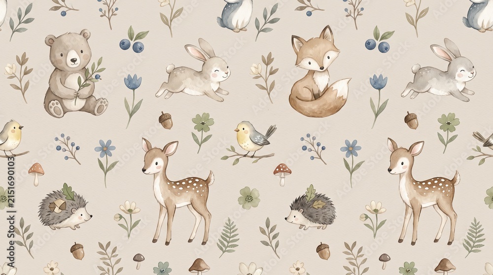 Obraz premium Seamless watercolor woodland animal pattern with bear, rabbit, fox, deer, hedgehog, bird, flowers, berries, acorns and leaves on beige background, cute nursery design