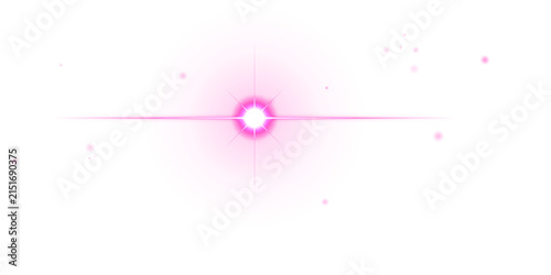 Bright pink circular light flare with a horizontal beam and scattered glowing dots on a black background, digital isolated on a transparent background