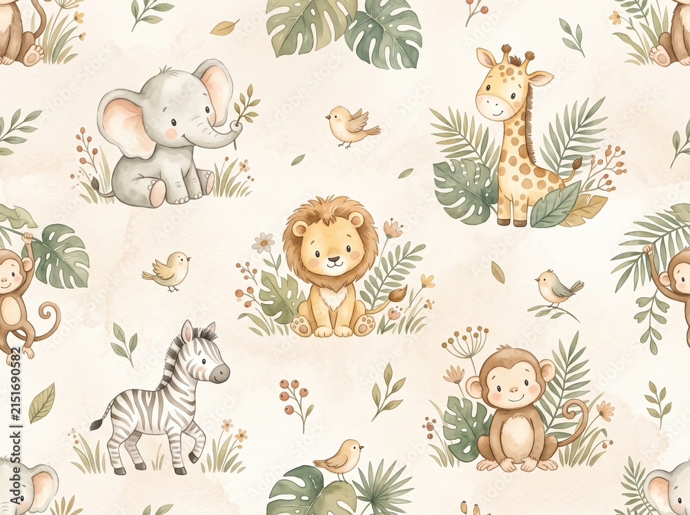 Obraz premium Seamless cute safari animal pattern with elephant, lion, giraffe, bunny, bear, fox, deer and botanical trees, neutral woodland nursery design for kids