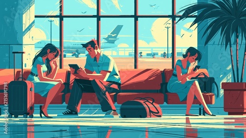 Travelers wait patiently in a departure lounge with luggage.