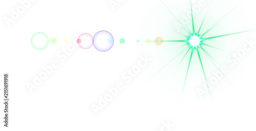 Bright green circular ripple pattern with a central lens flare effect, accompanied by a horizontal sequence of colorful glowing rings and dots isolated on a transparent background