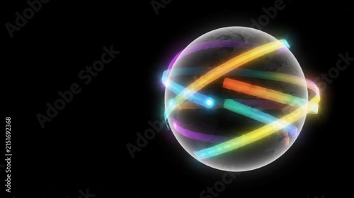 Neon ribbons orbiting around globe in dark space