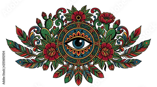 Mystical Eye Emblem with Floral and Feather Accents