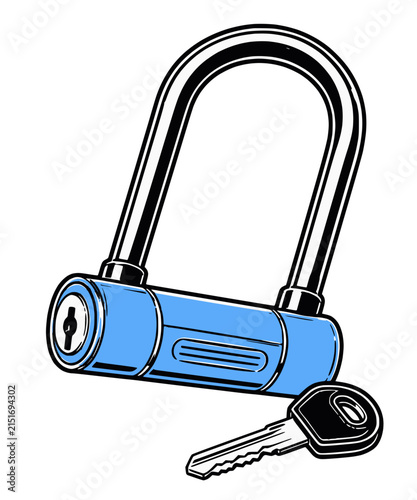 Foto monoline cartoon of bicycle U-lock with key