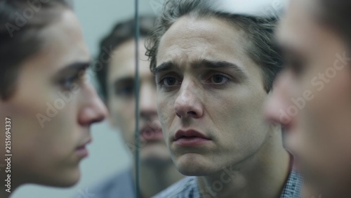 Young Man Staring at Reflection in Mirror, Deep Emotion and Thought