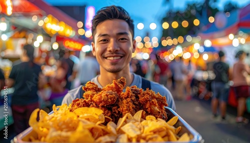 Man holding plate of fried food.