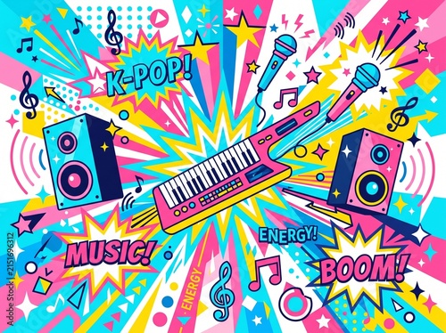 Bubblegum Pop Energy Abstract Music Background with Microphones and Speakers