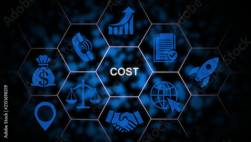 Business concept with the word cost centered in a glowing blue honeycomb pattern surrounded by various like a rocket, handshake, money bag, and document on a dark background