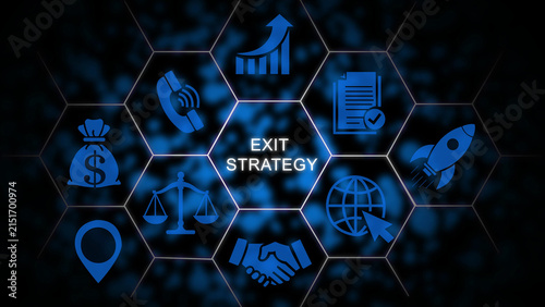 Digital business concept featuring the words exit strategy surrounded by glowing blue of a money bag, telephone, growth chart, document, rocket, globe, scales of justice, handshake
